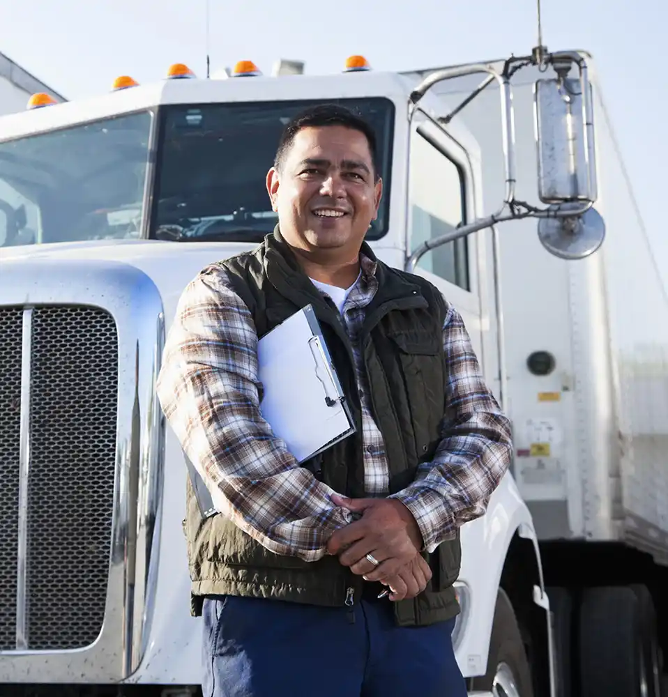 A proud trucker stands in front of his rig